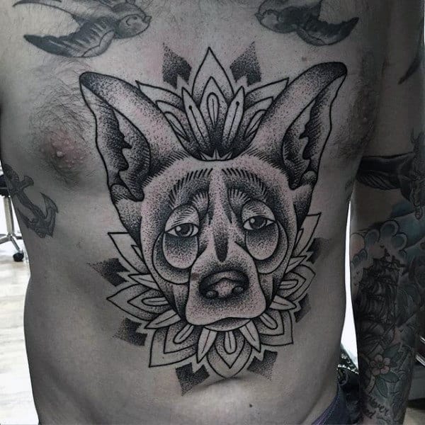 Male With Dog Rib Cage Tattoo Neo Traditional Style