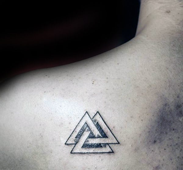Male With Dotwork Black Ink Lines Valknut Shoulder Blade Tattoo
