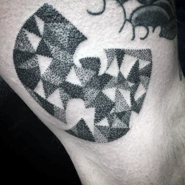 Male With Dotwork Geometric Wu Tang Small Thigh Tattoo
