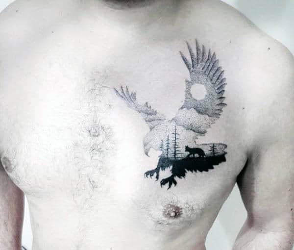 Male With Dotwork Hawk Silhouette Chest Tattoo