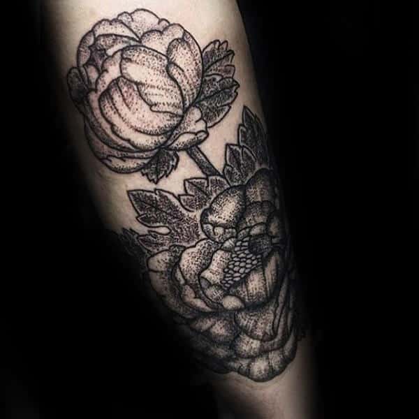 Male With Dotwork Peony Outer Forearm Tattoo Design