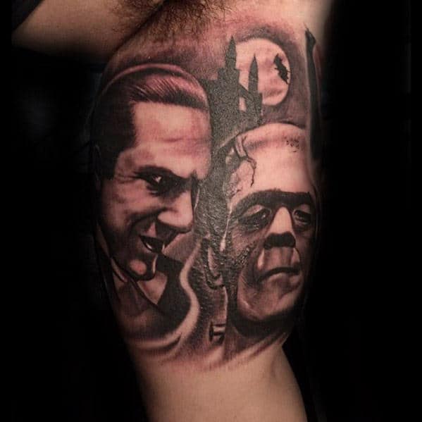 Male With Dracula And Frankenstein Themed Inner Arm Bicep Tattoo