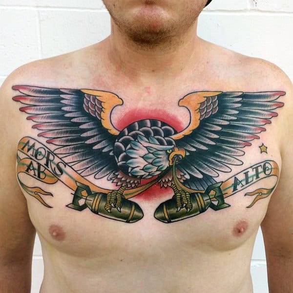 Male With Eagle Missle Traditional Chest Tattoo