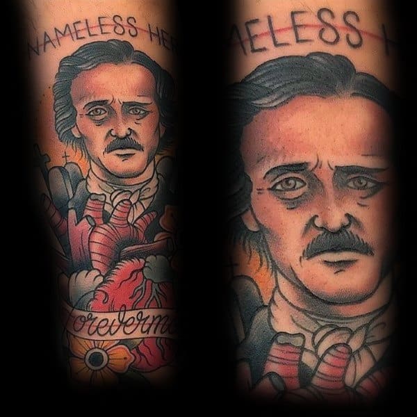 Traditional-style Edgar Allan Poe tattoo with bold lines, a sorrowful expression, anatomical heart, flower, and the text “Nameless Here Forevermore.”