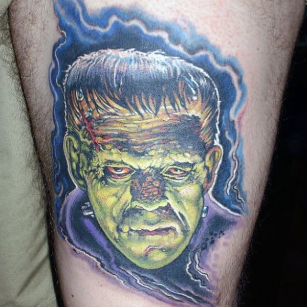 Male With Electric Frankenstein Tattoo On Thigh