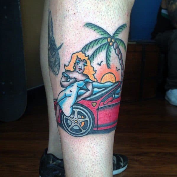 Colorful tattoo of a retro-style woman posing with a red Ferrari, set against palm trees and sunset, symbolizing luxury and leisure.