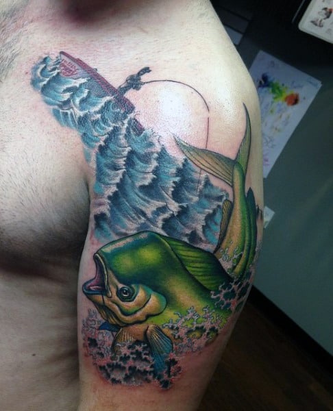 Male With Fish Waves Tattoos