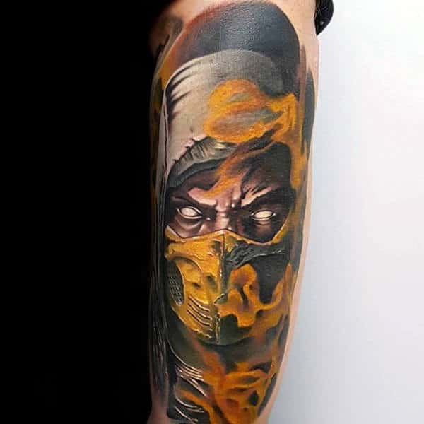 Male With Flaming Mortal Kombat Arm Tattoo