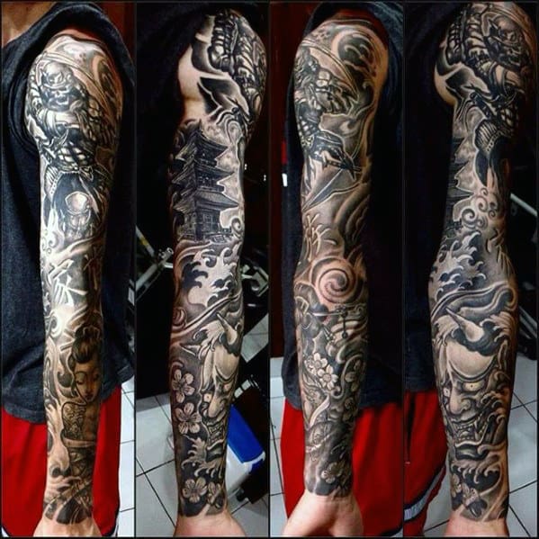 Male With Full Arm Shaded Japanese Temple Tattoo Design