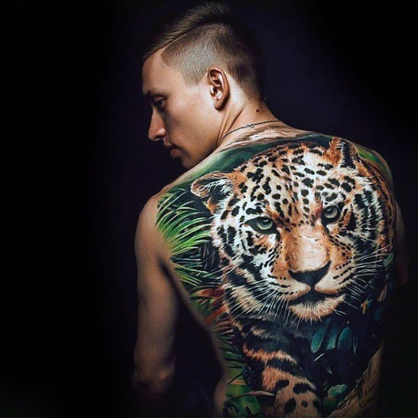 Male With Full Back Realistic 3d Leopard Tattoo Design