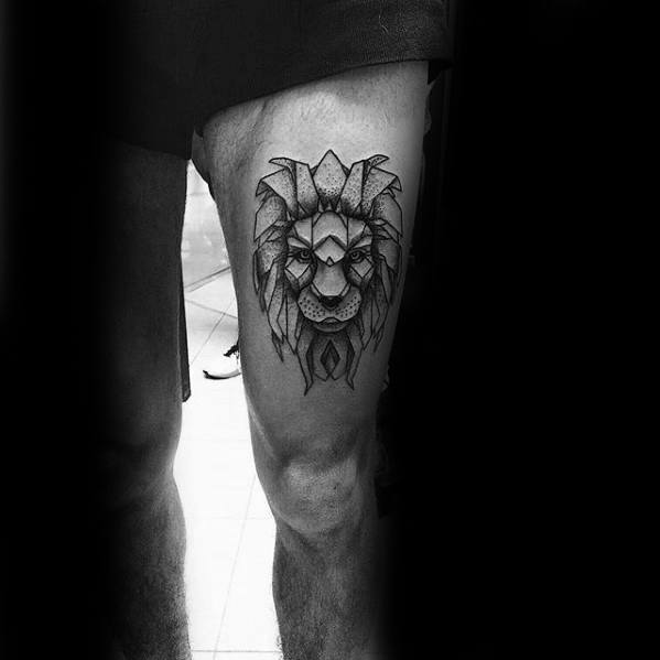 Male With Geoemtric Lion Thigh Tattoo