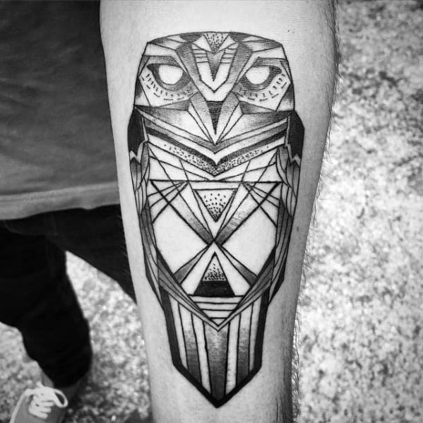 Male With Geometric Owl Tattoo Design On Inner Forearm