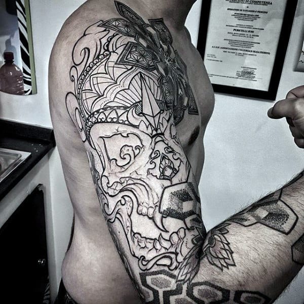 Male With Geometric Skull Amazing Half Sleeve Tattoo Design