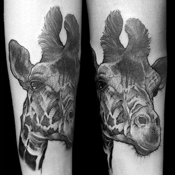Male With Giraffe Shaded Tattoo On Inner Forearm