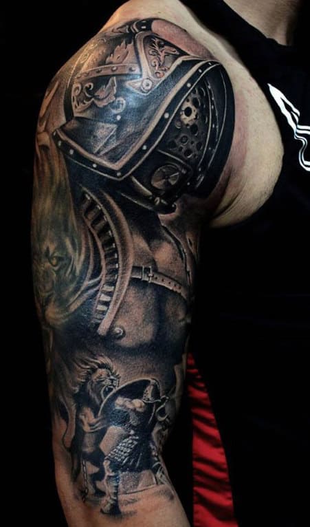 Arm tattoo of a knight in armor with a lion, reminiscent of a fierce gladiator, covering the shoulder and upper arm