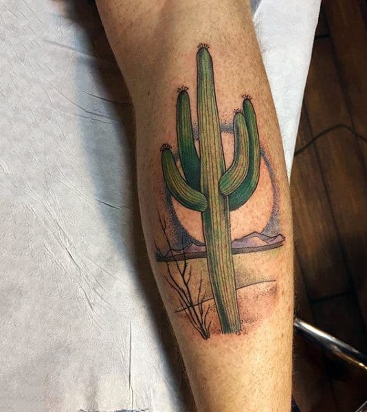 Male With Green Cactus Sun Tattoo On Leg Calf