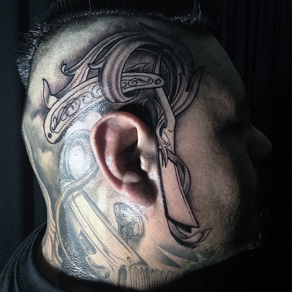Male With Grey Straight Razor Tattoo Near Ear