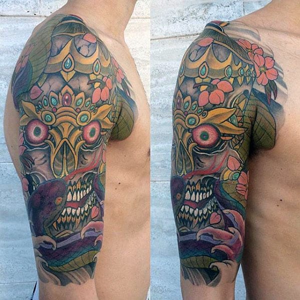 Male With Half Sleeve Japanese Ornate Skull Crown Tattoo