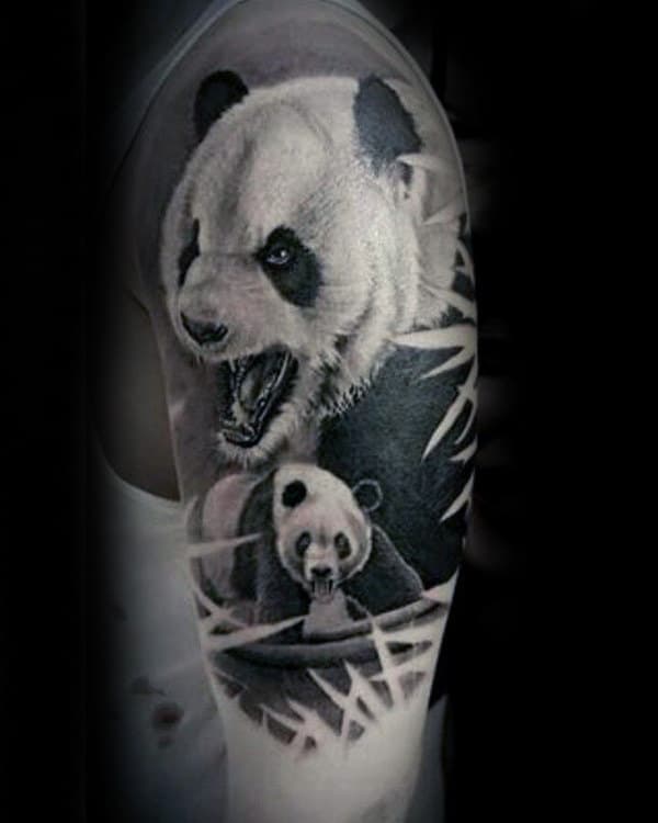 Male With Half Sleeve Panda Bears Tattoo