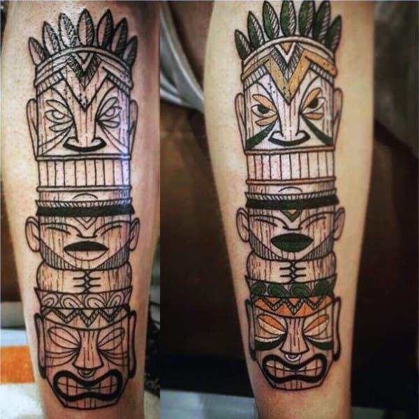 Male With Happy Face Totem Pole Calf Tattoo Line Work