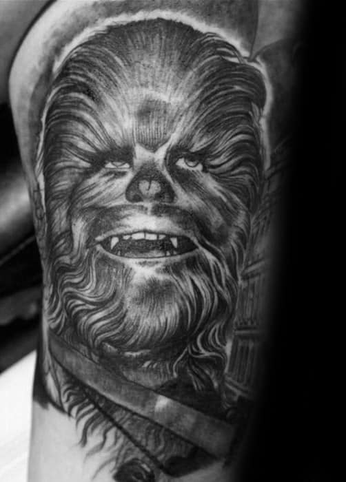 Male With Heavily Shaded Black And Grey Ink Chewbacca Thigh Tattoo