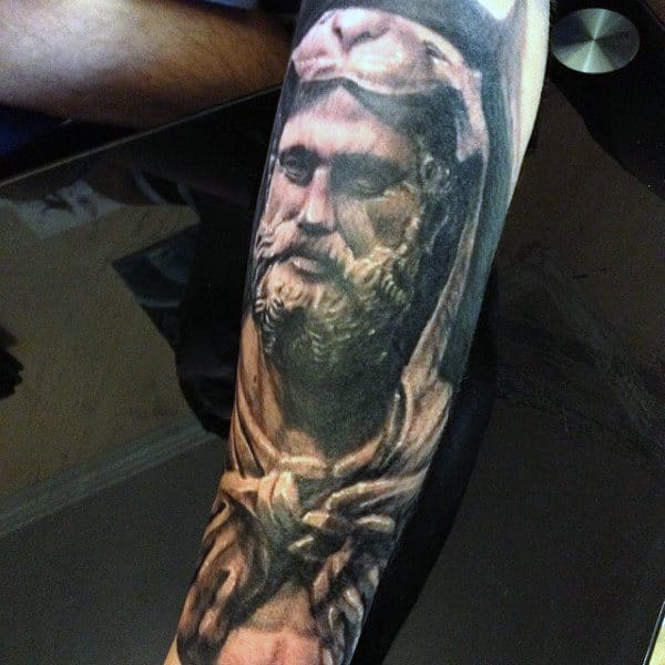 Male With Hercules Leg Sleeve Tattoo