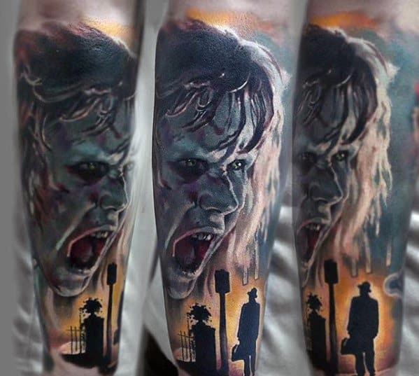 Realistic horror tattoo of Regan from *The Exorcist*, featuring her demonic face with eerie lighting and the iconic priest silhouette scene.