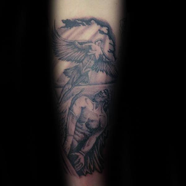 Male With Icarus Greek Mythology Tattoo Design On Inner Forearm
