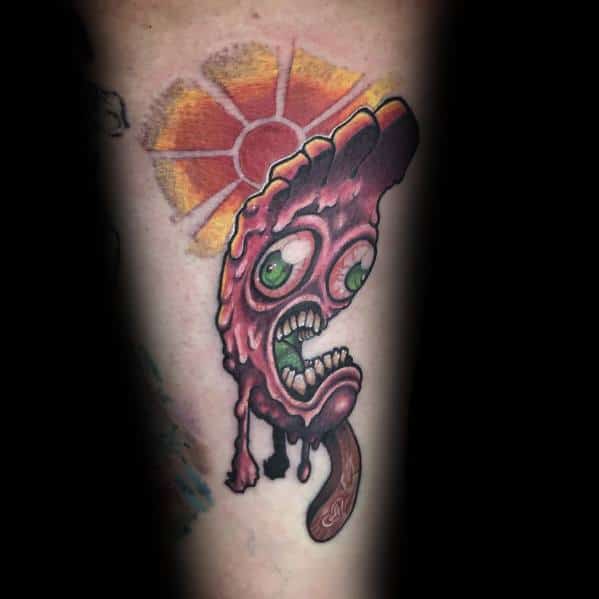 Tattoo of a surreal melting popsicle with bulging green eyes, sharp teeth, and dripping details, set against a stylized sun for a bold, eerie look.