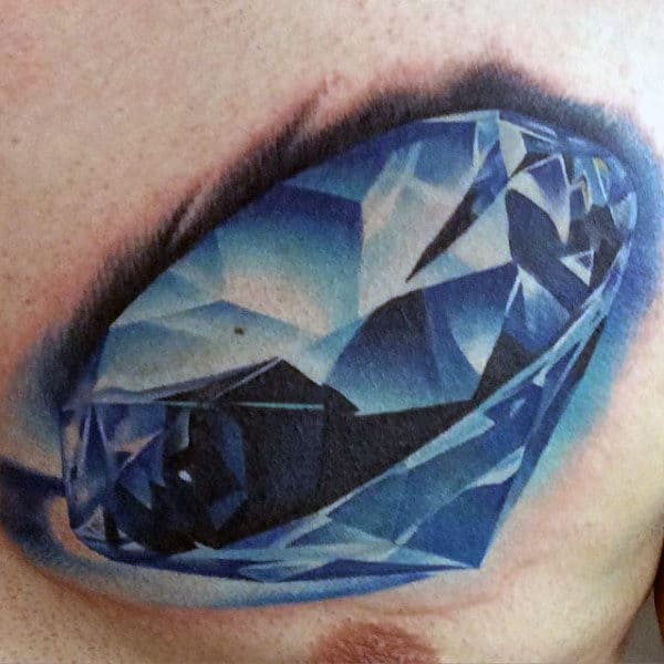 Male With Incredible 3d Blue Diamond Tattoo On Upper Chest