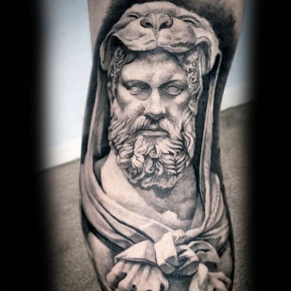 Male With Incredible Black And Grey Shaded Hercules Leg Tattoo