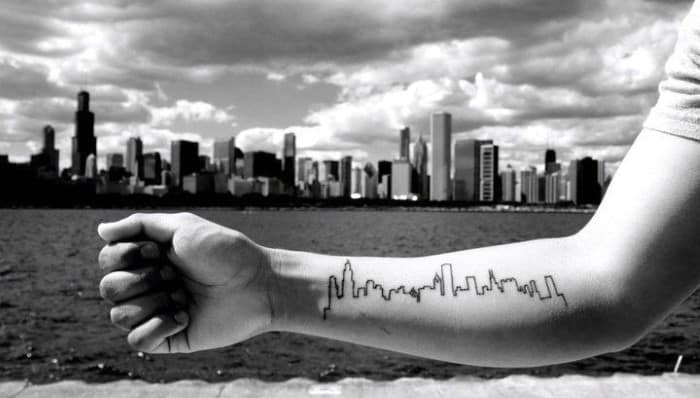 Male With Inner Forearm Outline Of Chicago Skyline Buildings Tattoo