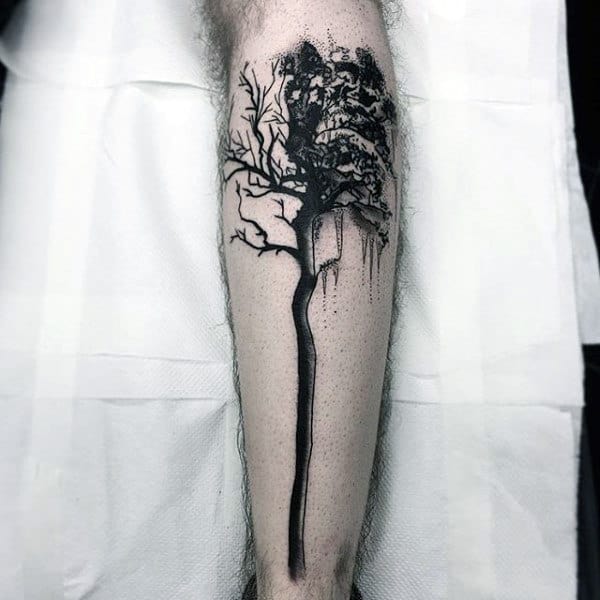 Male With Insane Watercolor Tree Leg Tattoo