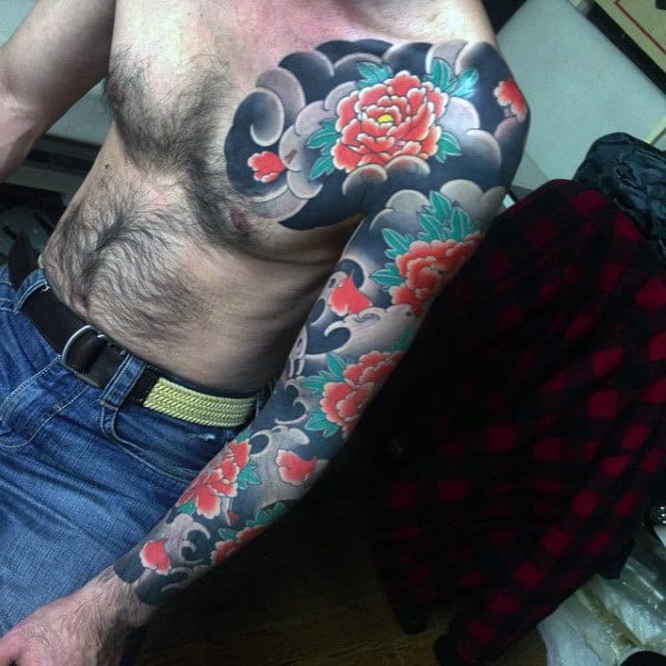 Male With Japanese Carnation Flower Full Sleeve Tattoo