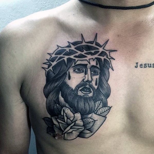 Male With Jesus Rose Flower And Negative Space Crown Of Thorns Upper Chest Tattoo