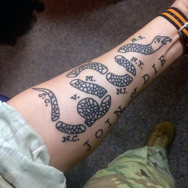 Male With Join Or Die Inenr Forearm Tattoo