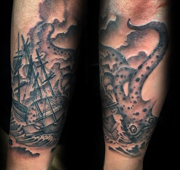 Male With Kraken Ocean Sea Forearm Tattoos