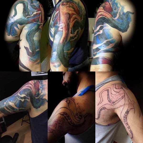 Male With Kraken Watercolor Shoulder And Arm Tattoos