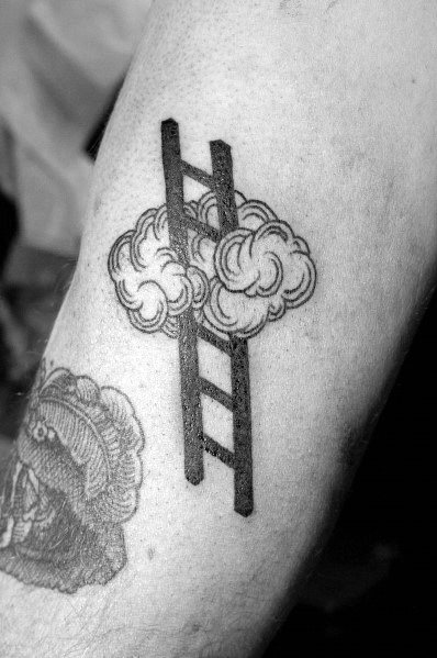 Minimalist ladder tattoo through clouds, symbolizing aspiration and dreams, ideal for men's forearms or calves.