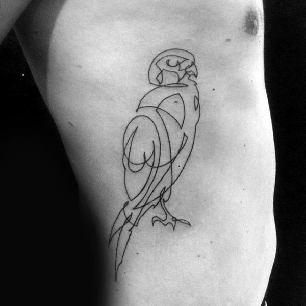 Male With Linework Black Ink Falcon Rib Cage Side Tattoo