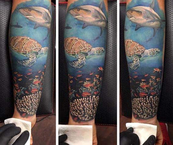Male With Lower Leg Ocean Sea Life Turtle And Shark Sleeve Tattoo