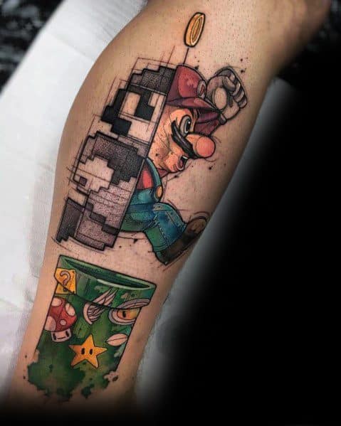 Creative *Super Mario* tattoo blending pixel art with realism, showing Mario transitioning from 8-bit to modern style as he jumps toward a coin.