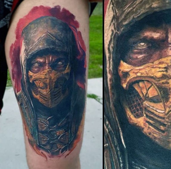 Male With Mortal Kombat Tattoo Of Scorpion On Thigh