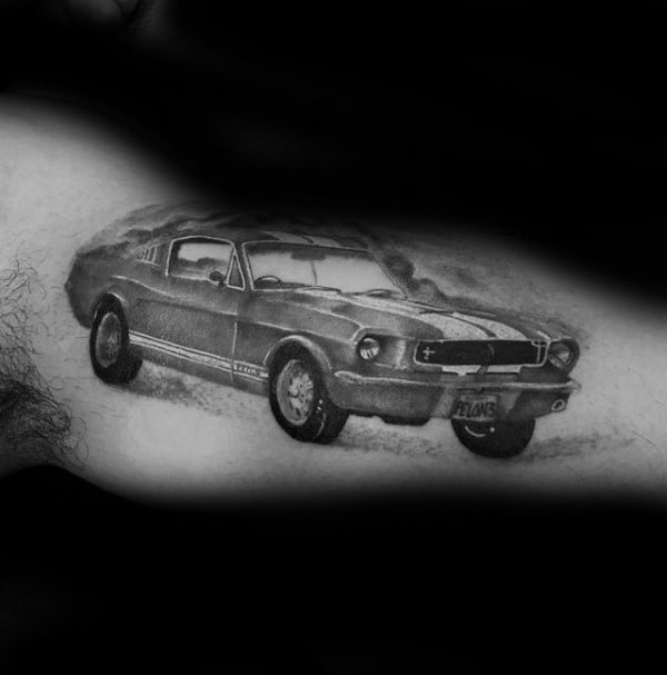 Male With Mustang Shaded Black And Grey Ink Bicep Inner Arm Tattoo Design