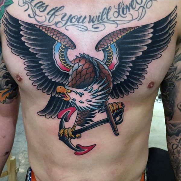 Male With Navy Anchor Tattoos On Chest With Bald Eagle