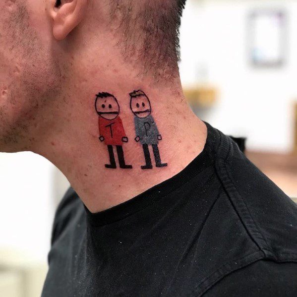 Minimalist South Park tattoo of Terrance and Phillip on the neck, featuring simple lines and bold colors for a classic cartoon look.