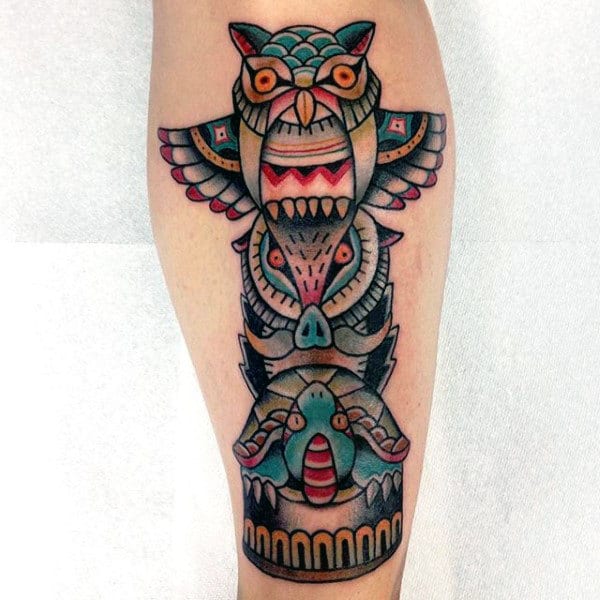 Male With Neo Traditional Totem Pole With Owl Tortoise And Pig Forearm Tattoo
