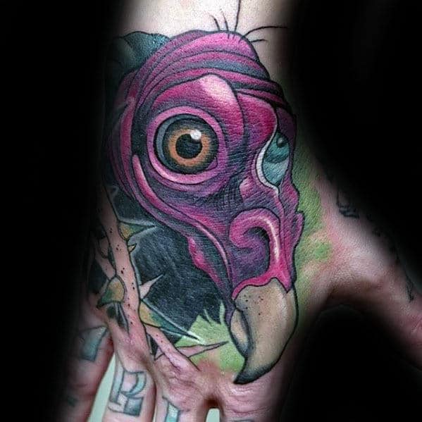Male With New School Vulture Hand Tattoo