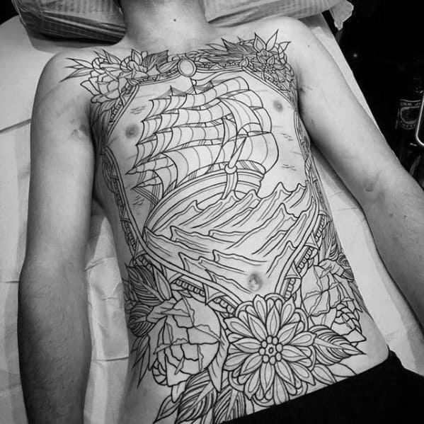 Male With Old School Traditional Great Full Chest Sailing Ship With Waves And Flowers Tattoo Design