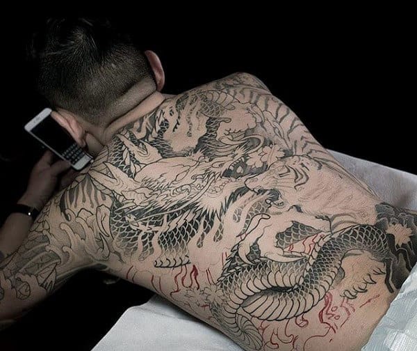 Male With Original Japanese Tiger And Dragon Full Back Tattoos